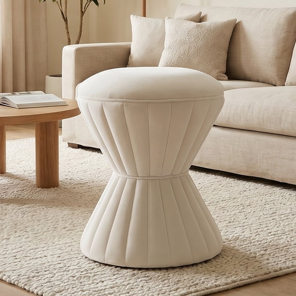 Velvet Round Ottoman Vanity Stool, Upholstered Footstool for Bedroom, Beige