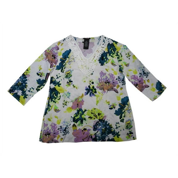 Premise Womens Size Small 3/4 Sleeve Crochet Neckline Linen Blouse w/Side Slits, Belize City Floral