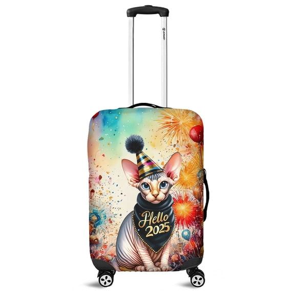 Hello 2025 Sphynx Celebrates Happy New Year Firework Balloon Travel Luggage Cover Cat Lover Kitten Owner Gifts Idea Suitcase Dust Protective Decor - 02024