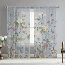 Floral Leaves Curtains for Living Room 63 inch Length 2 Panels Set Elegant Blue Grey Spring Flower Printed Window Curtain Sheer Curtains Chiffon Drapes for Bedroom