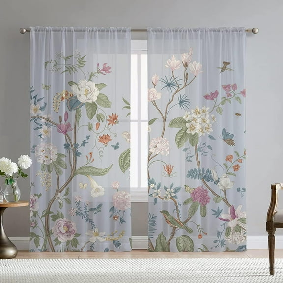 Floral Leaves Curtains for Living Room 63 inch Length 2 Panels Set Elegant Blue Grey Spring Flower Printed Window Curtain Sheer Curtains Chiffon Drapes for Bedroom