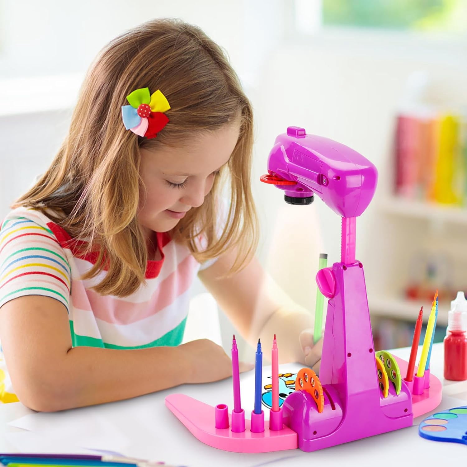 Wiher Kids Drawing Projector, Tracing and Drawing Projector Toys for Girls Aged 3+,Kids Smart Projector with 32cartoon patters and 12color Brushes for Children Learn to Draw and Sketch (Pink)