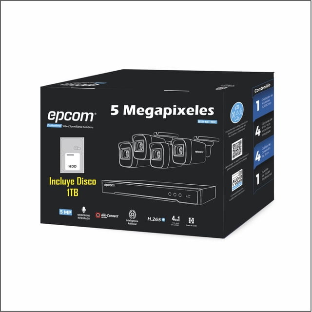 Kit 4 camaras de seguridad Epcom 5 Megapixel con Micrófono Integrado /Disco 1TB