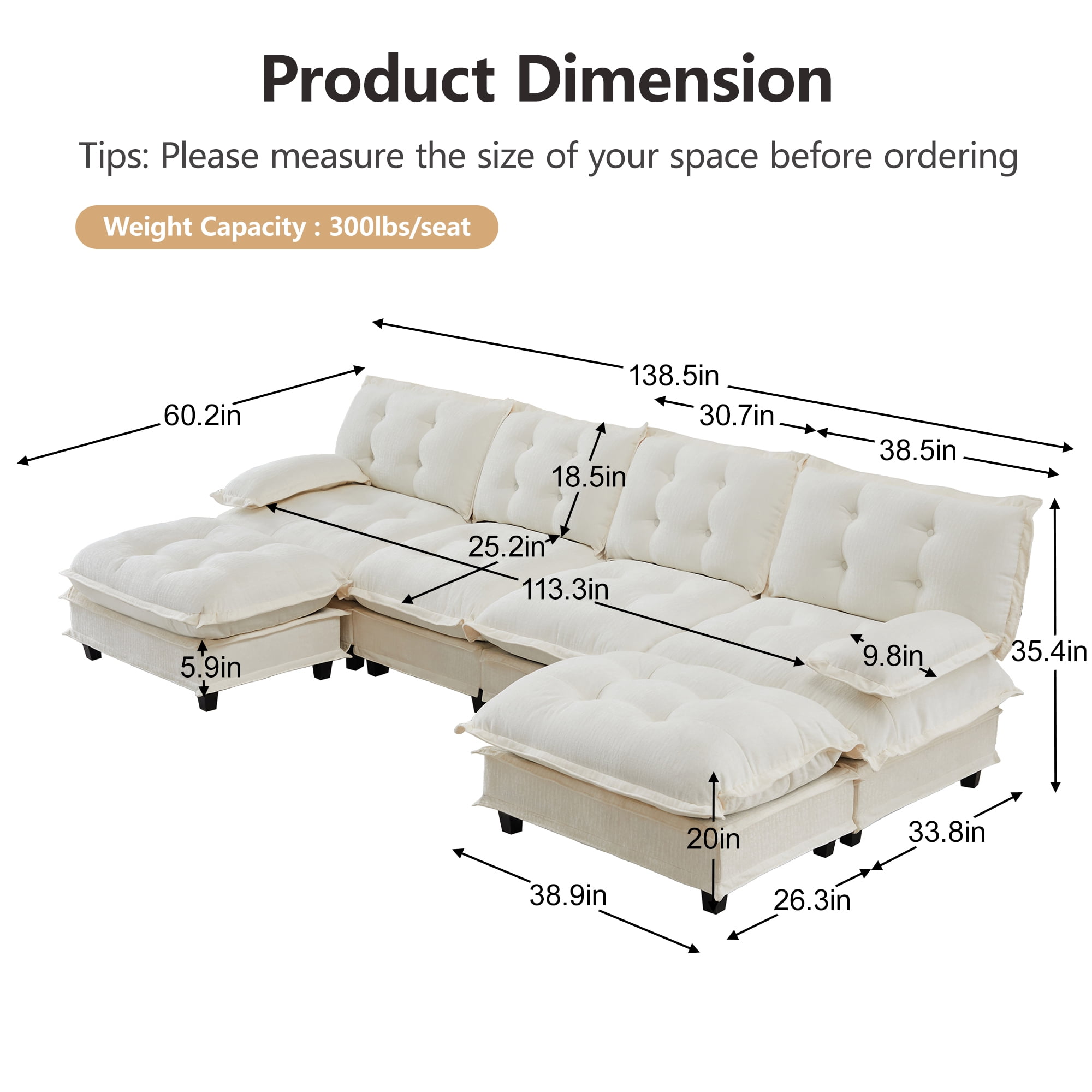 AISWORD 138" U-Shaped Modular Sectional Cloud Sofa with 2 Ottomans, Chenille Fabric Deep Seat Couch with Lattice Decored Cushions
