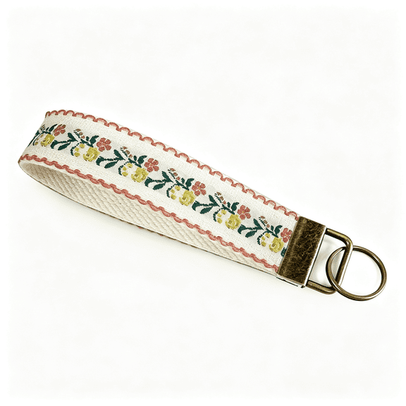 DESIGNICE Embroidered Fabric Wristlet Keychain for Women, Cute Wrist Key Chain with Metal Hardware Floral Embroidered Fabric Keychain