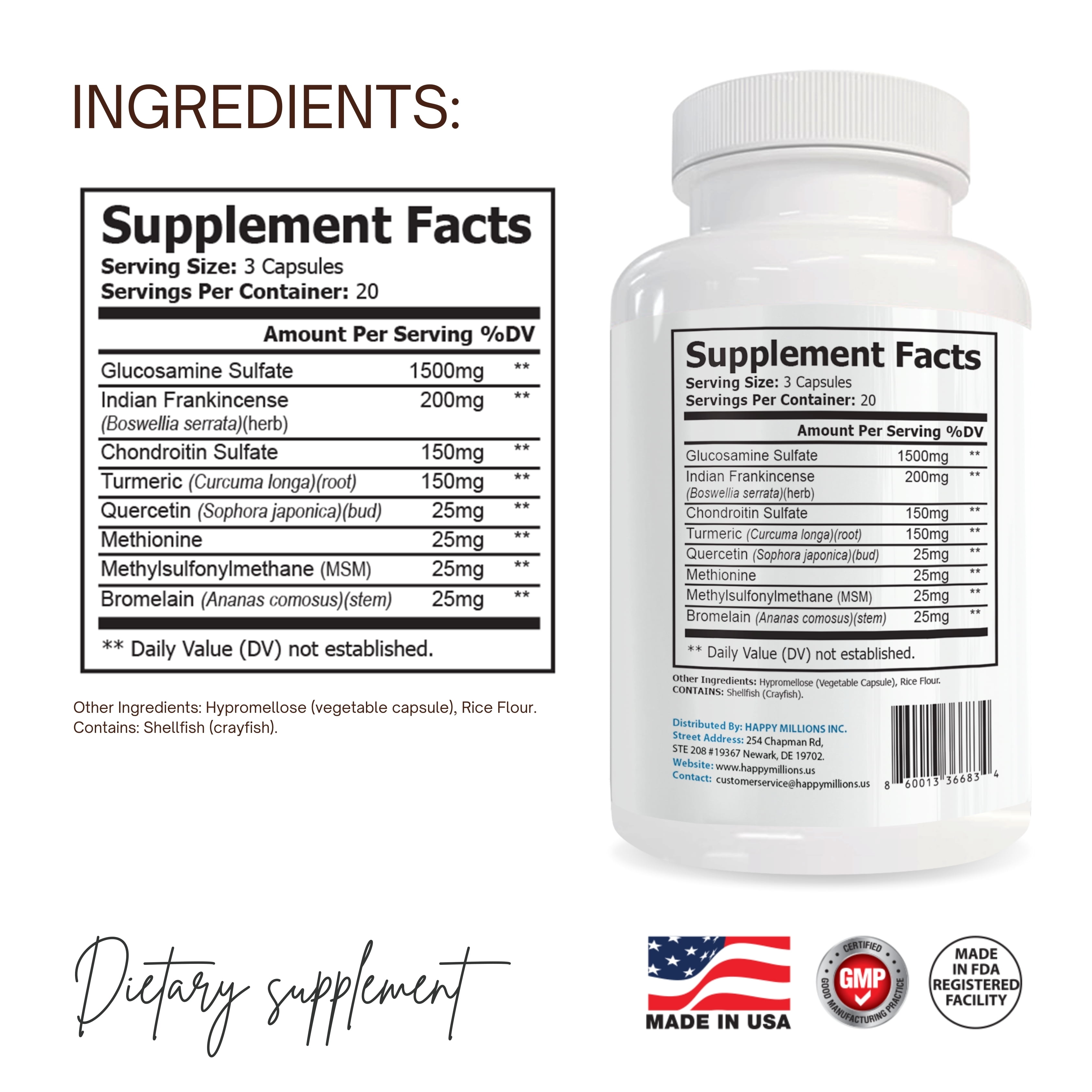 Happy Millions JointSpark Glucosamine  Boswelli Chondroitin Dietary Supplement for Joint Health 2100mg, 60 Capsules Non-GMO, Gluten-Free