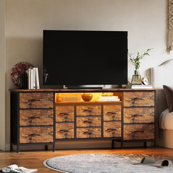 70 Inch Long Dresser TV Stand for 65, 75, 80 Inch TV, Wide 13 Chest of Fabric Drawers Dresser & Power Outlets, LED Lights, Large Entertainment Center
