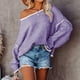 thumbnail image 2 of Suéter de punto con cuello redondo para mujer, manga larga, suelto, con hombros caídos, tops con borde blanco para otoño invierno, morado S, 2 of 5