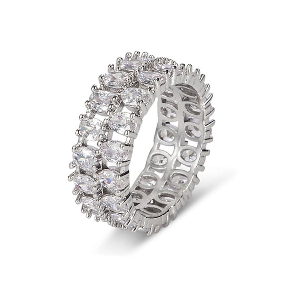 Guodhu Rings for Women - Womens Silver Plated Faux Diamond Band Ring 2 Rows Round Cubic Zirconia Eternity Promise Engagement Ring