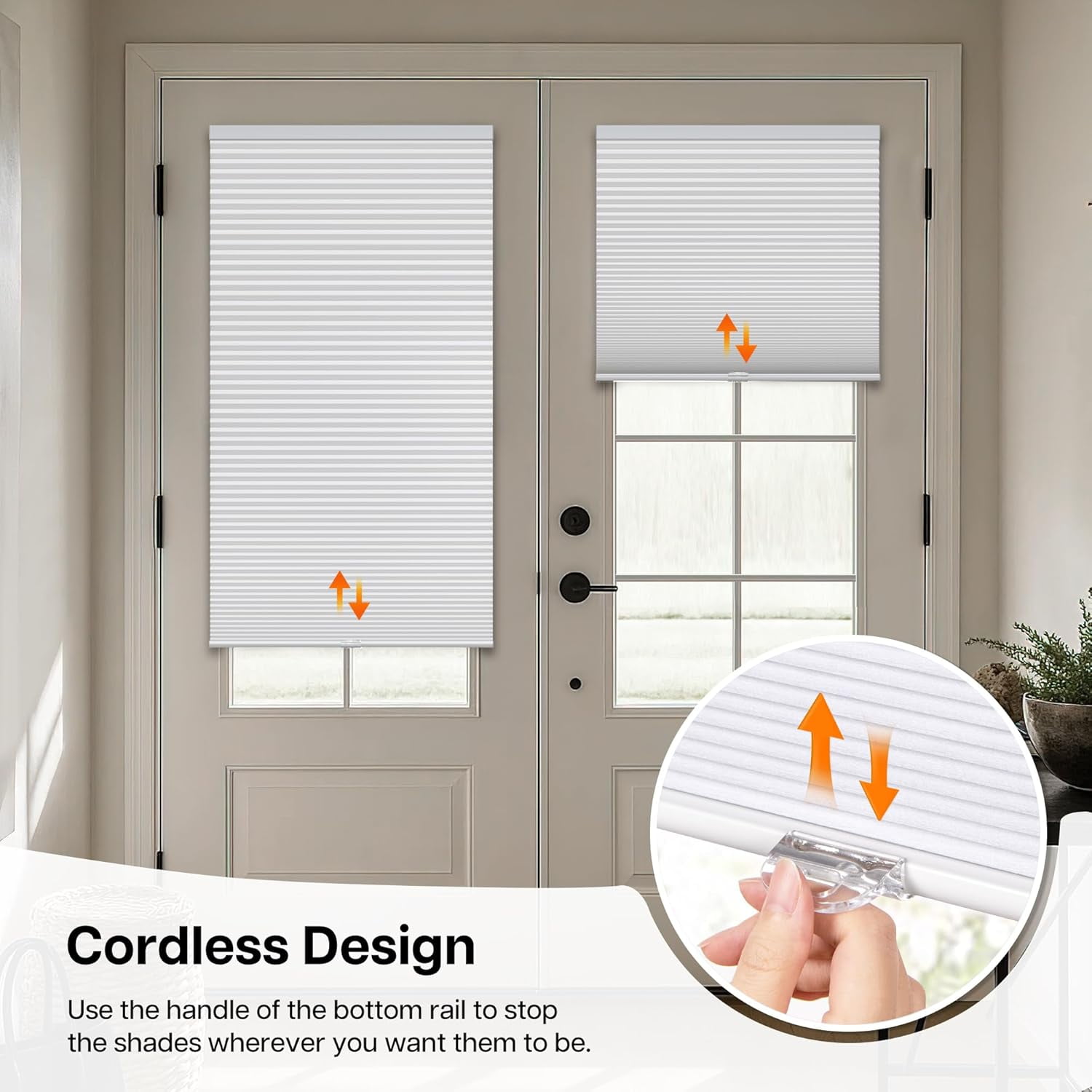 LazBlinds Cordless Cellular Shades for French Doors, No Drill French Door Blinds for Privacy, Blackout Light Blocking Honeycomb Shades for Sliding Doors Front Door Patio, 1 Pack, 25" W x 70" H, White