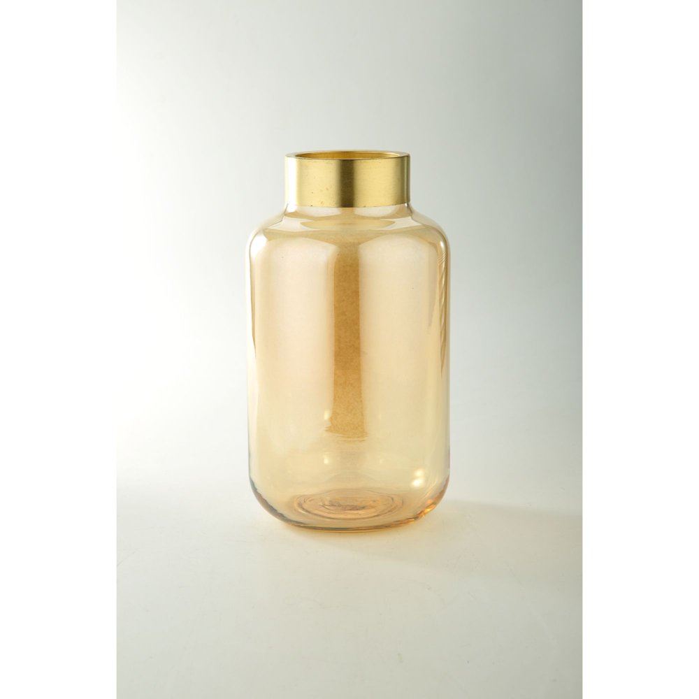12" Amber Cylindrical Hand Blown Glass Vase with Gold Rim