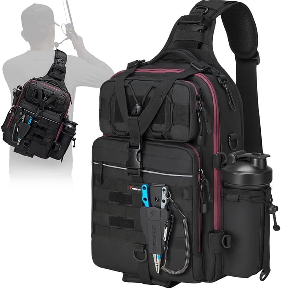 Piscifun Fishing Backpack with 2 Rod Holders, Large Capacity Tackle Bag, Water-Resistant Outdoor Backpack with MOLLE System, Black