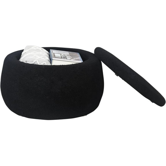 Joveco Modern Round Storage Ottoman with Removable Lid, Boucle Circle Coffee Table, End Table Footstool for Living Room Bedroom, Black