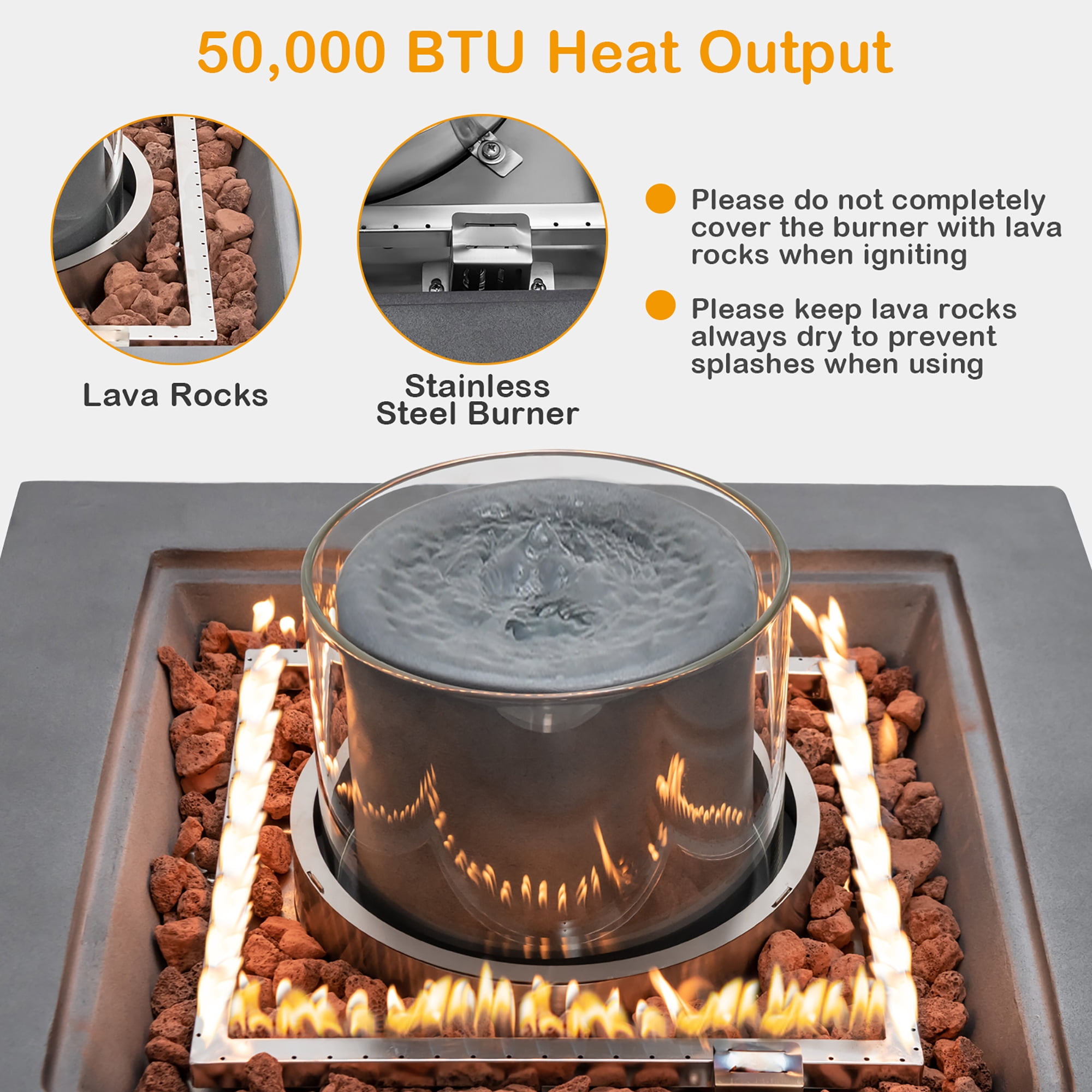 Costway 28'' Patio Fountain Fire Pit Table 50,000 BTU Square Propane Fire Pit withPVC Cover