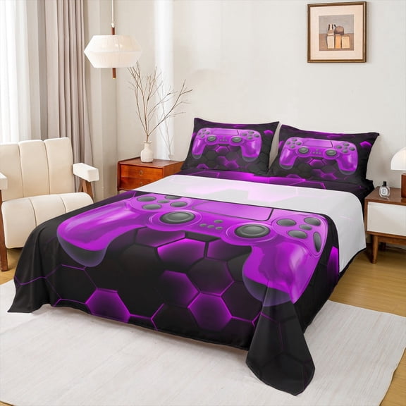 Erosebridal Purple Gamepad Twin Sheet Sets, Geometric Bedding Twin Size, Teens Gaming Decor 3 Pieces