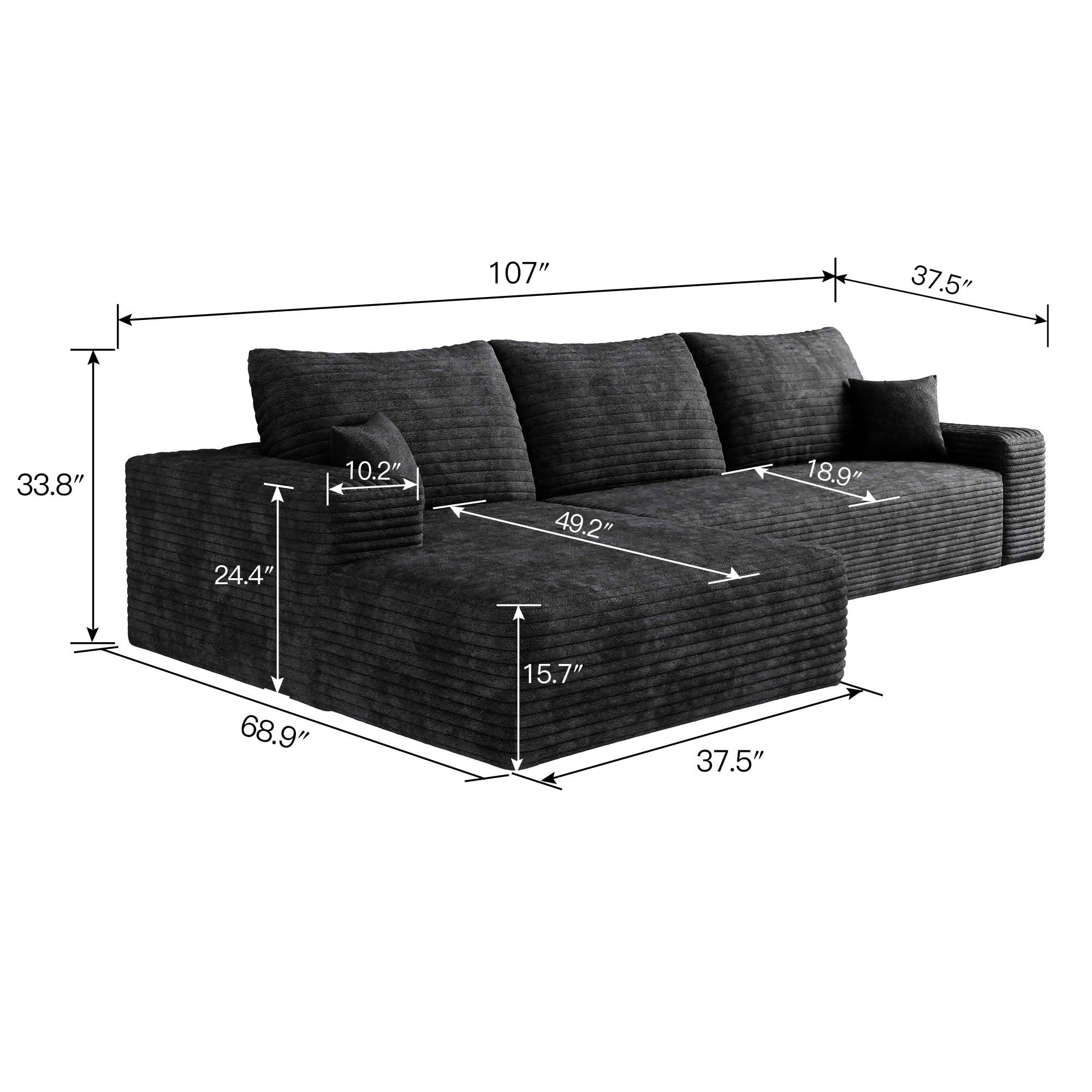MAYEERTY L-Shaped Modular Sectional Sofa, Plush Corduroy Cloud Couch with Chaise, No Assembly Leisure Sofa for Home