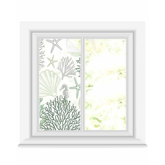 Window Privacy Film Coastal Ocean Stained Glass Window Film Decorative Sun Block Window Cover Sage Green Grey Coral Starfish Shell Window Clings Static Adhesive Sticker for Bathroom 19.6"x39.3"