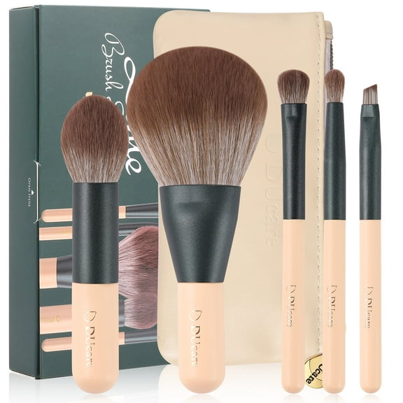 5-Piece Travel Makeup Brush Set - DUcare Mini Vegan Kabuki & Eyeshadow Brushes with Case, Green