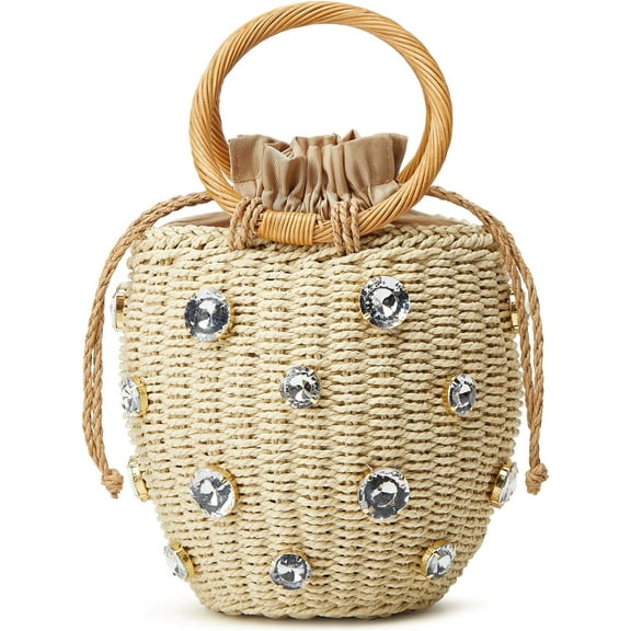 CoCoMangos Summer Straw Bag for Women Pearl Flower Bucket Tote Bag Diamond Handbag Hand Woven Rattan Shell Purse Drawstring