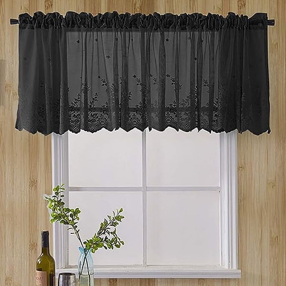 XmhyTop Lace Sheer Kitchen Cafe Curtain Valance Floral Embroidered Rod Pocket Short Curtain for Small Window 1 Piece (51" x 16", Black)