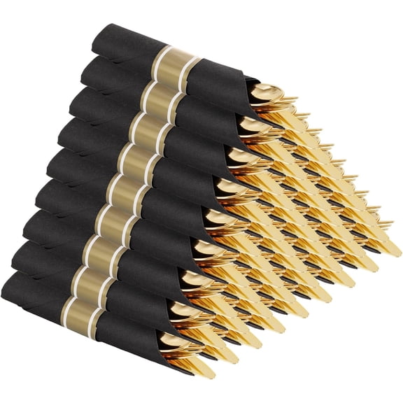 30 Pack Pre Rolled Gold Plastic Silverware Set with Napkins, Wrapped Plastic Cutlery Set, Disposable Utensils Includes 30 Forks, 30 Knives, 30 Spoons, 30 Napkins for Party, Wedding