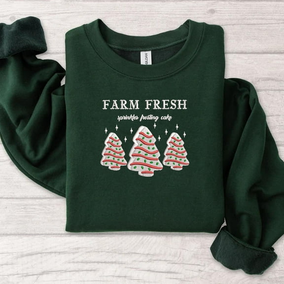 Embroidered Farm Fresh Christmas Tree Sweatshirt, Holiday Cookie Cake Embroidery Shirt, Festive Xmas Bakery Hoodie, Cozy Holiday Crewneck