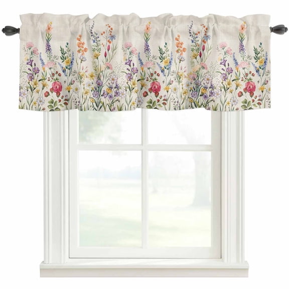 Watercolor Wildflowers Rod Pocket Curtain Valance, Farmhouse Botanical Flowers Herbs Farmhouse Window Valance for Living Room, Bedroom, Kitchen 60"W x 18"L