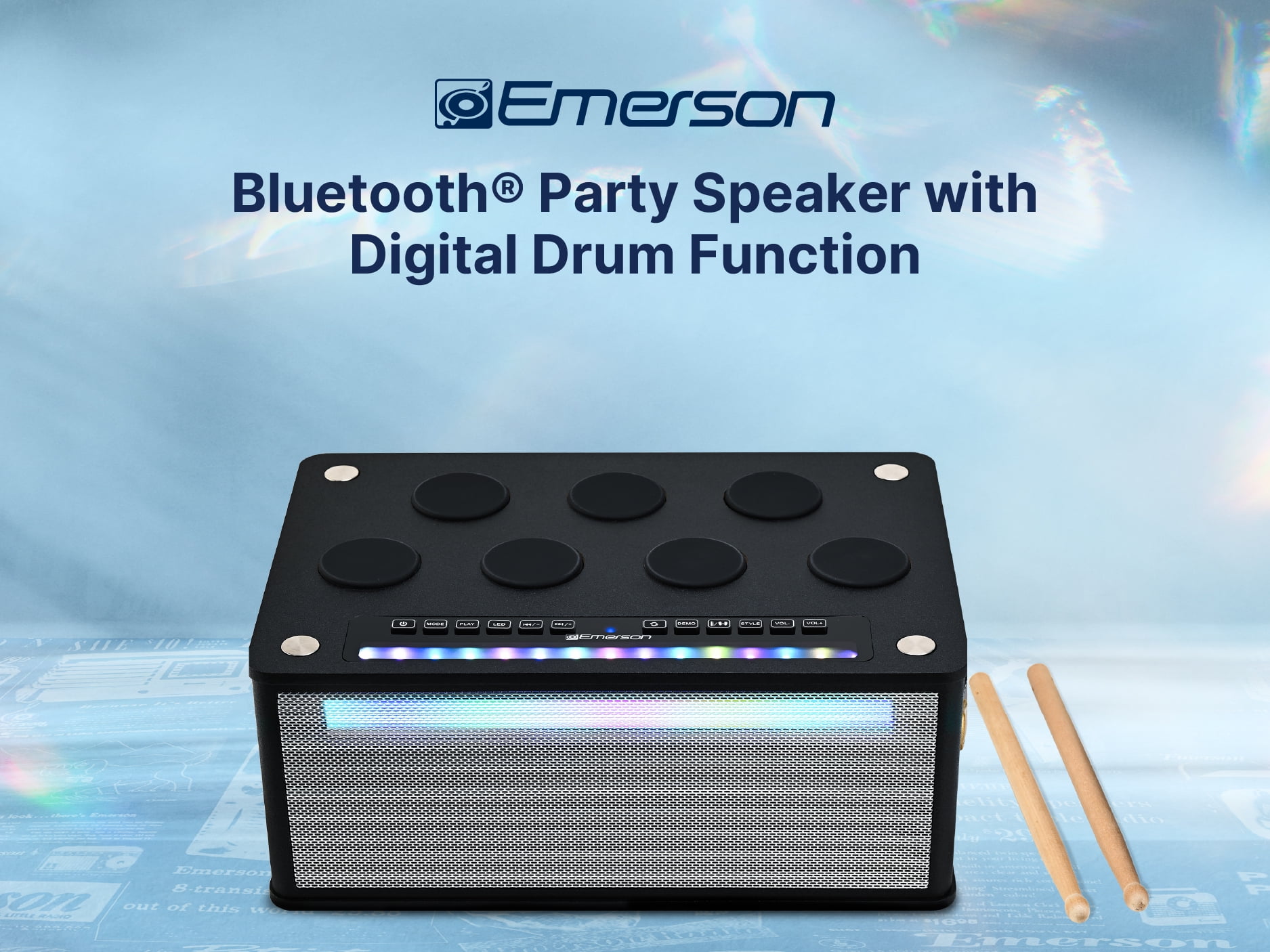 Emerson EDS-1000 Bluetooth Party Speaker with Digital Drum Pads, LED Lights, Dual Speakers, USB/AUX/Mic Inputs, & Rechargeable Battery