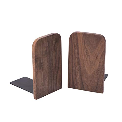 2Pcs Hand Crafted Wooden Bookends with Metal Base Heavy Duty Walnut Book Stand-2 holilest Shelf