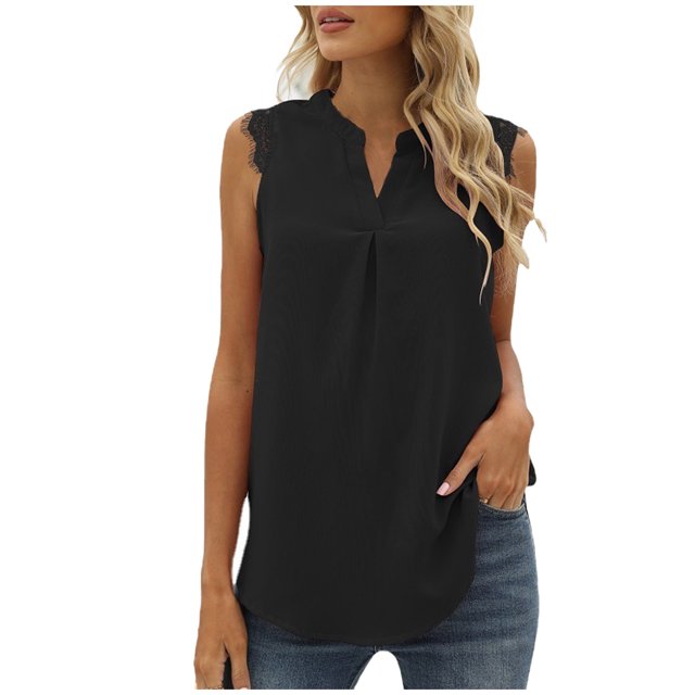 Mujeres Casual gasa cuello en V encaje Color sólido pulóver blusa sin mangas camiseta Tops tanque Pompotops lopia997428