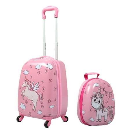 TOBBI 2 PC Kids Carry-on Luggage Set 12" Backpack & 16" Rolling Suitcase School Travel Trolley ABS Luggage for Girls