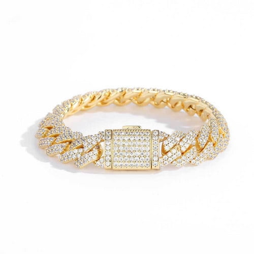 12MM Cuban Link Chain Bracelet for Men Women Zircon Paved Iced Out Bling Miami Cuban Bracelet Hip Hop 14K Yellow Gold Jewelry
