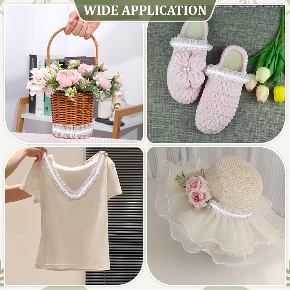 5M Chiffon Flower Lace Trim Ribbon with Imitation Pearl for Garment Accessories Gift Decoration White 1-5/8 inch(40mm) for DIY