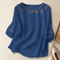 thumbnail image 2 of MIXUE Boho Tops For Women Autumn Winter Linen Embroidered Solid Color Crew Neck Short Sleeve Loose Casual Shirts For Women T Shirts Daily-Wear,Blue,XXXL, 2 of 3