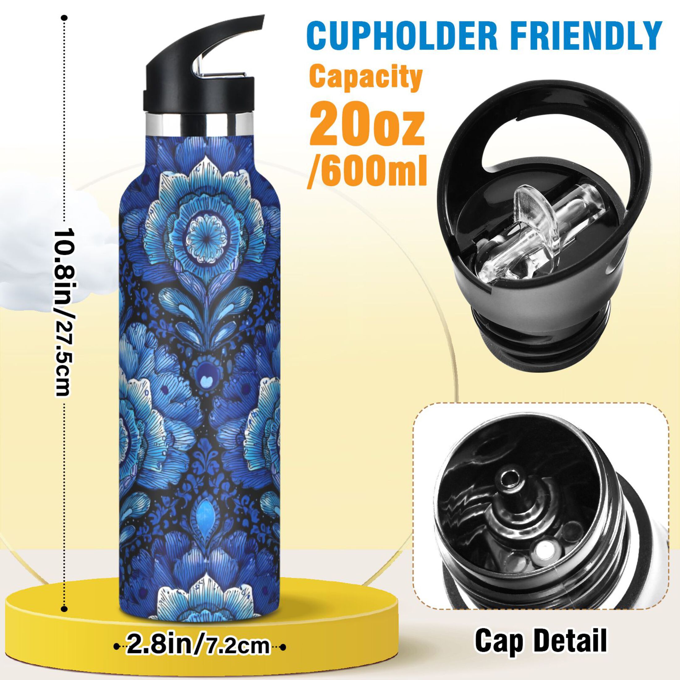 600ML Stainless Steel Insulated Cup Sports Water Bottle Portable Thermos Cup Water Glasses Insulated Tumblers Convenient and Durable Dark Blue Beautiful
