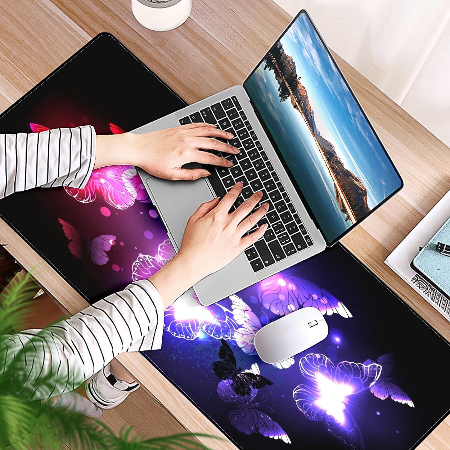 Glowing Purple Butterfly Desk Mat, Desk Accessory, Cute Workspace, Trendy Workspace, Trendy, 35.4x15.7in Large Gaming Mouse Pad, Cute Desk Topper, Pretty Desk Pad