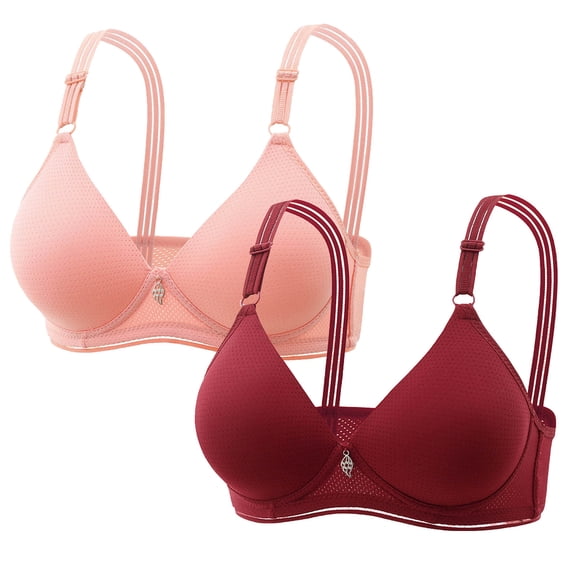 LYEAA Women Bras Wireless Pack of 2 No Wire Wirefree Everyday Bras Push up Breathable Solid Color Daily Sleep Bras Comfort Shaping Soft Stretch T-Shirt Bras Red 38/85