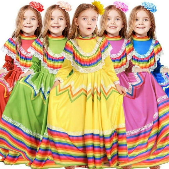 Girls Traditional Mexican Dress Lace Costume Festival Party Spanish Dress