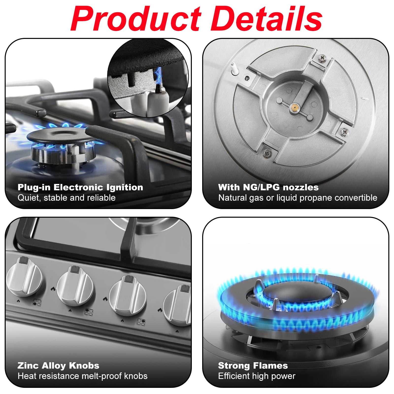 GRACEALL 24-Inch Gas Stove Cooktop, NG/LPG Convertible, 4 Burners, Pre-Installed Propane Nozzles
