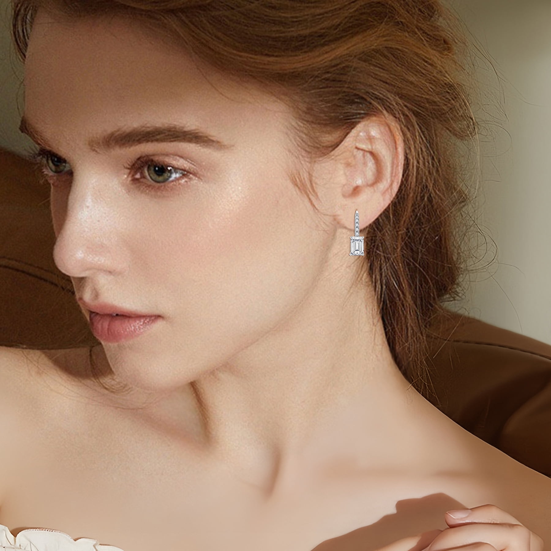 FJ Princess Cut Dangle Drop Earrings 925 Sterling Silver Square Leverback Earrings April Birthstone Cubic Zirconia Jewelry Gifts for Women