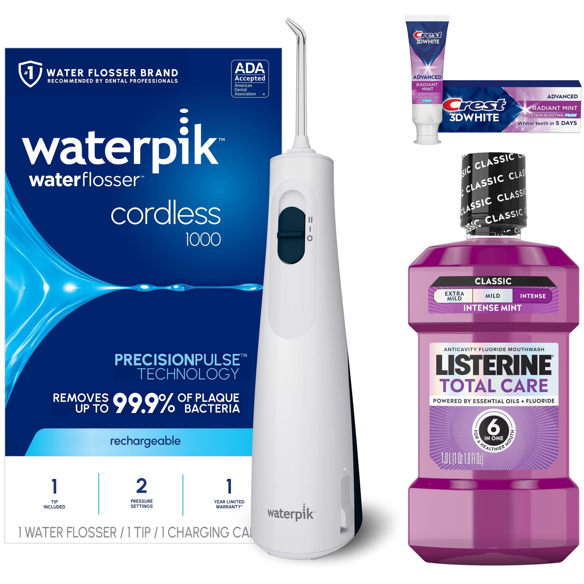 Waterpik Cordless Water Flosser with Crest 3D White Toothpaste and Listerine Total Care Mouthwash Oral Care Bundle
