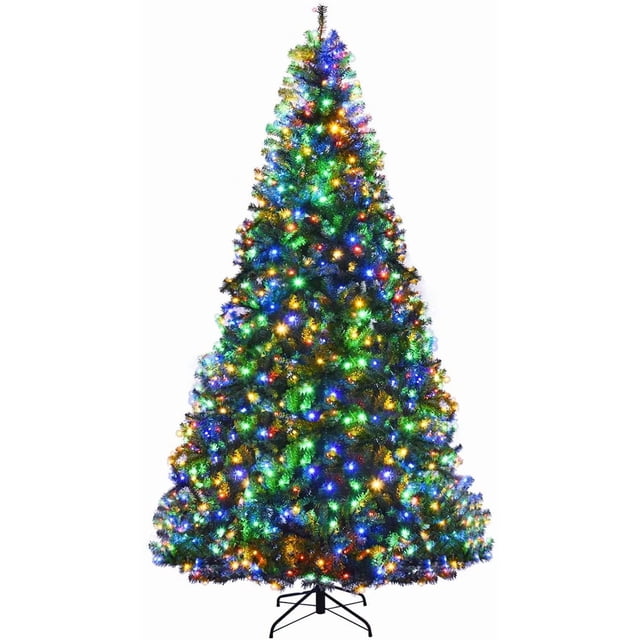 Goplus 9FT Pre-Lit Artificial Christmas Tree Auto-Spread/Close up Branches 11 Flash Modes with Multicolored 1000 LED Lights & Metal Stand