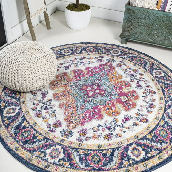 JONATHAN Y BOHEMIAN FLAIR 4' Round Area Rug, Vintage Medallion - Blue/Multi, BMF106A-4R