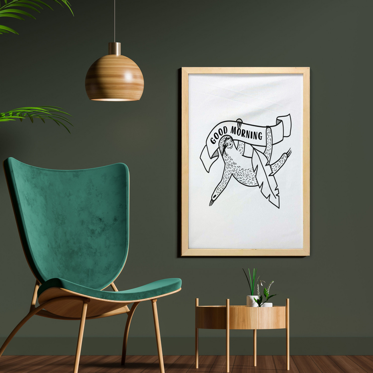 Funny Sloth Wall Art with Frame, Sketch of Lazy Animal Tropical Leaf Holding Banner for Morning Print, Printed Fabric Poster for Bathroom Living Room, 23" x 35", Charcoal Grey White, by Ambesonne - image 2 of 2