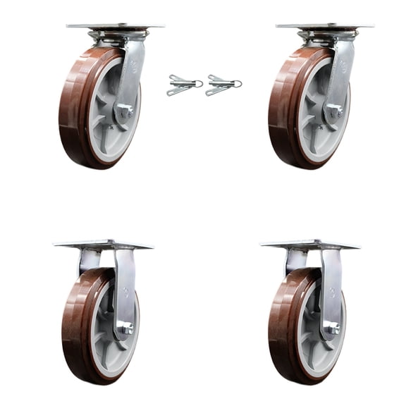 8 Inch Polyurethane Caster Set with Ball Bearing 2 Swivel Lock and 2 Rigid SCC