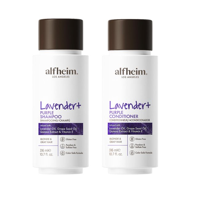 ALFHEIM Lavender+ Juego de champú y acondicionador morado | Corrección de tono para cabello rubio plateado y gris | Neutraliza los tonos latón y amarillo | Hidrata, protege el color y añade brillo | 1