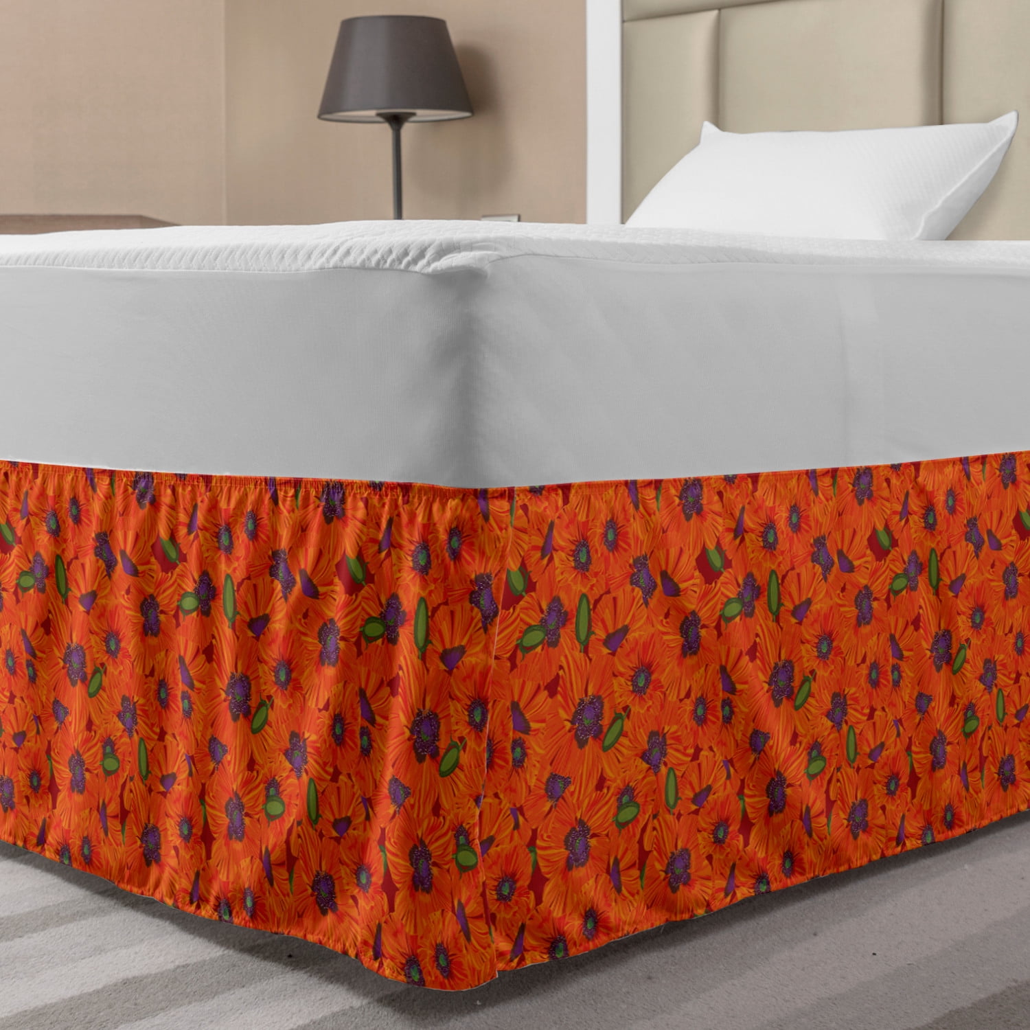 Floral Bed Skirt, Warm Tones Poppy Flowers Illustration, Elastic
