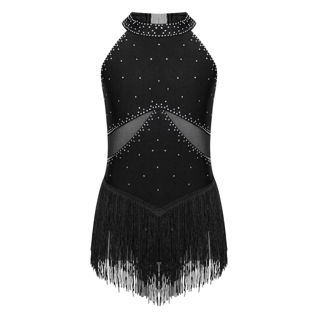 YONGHS Robe de Danse Latine à Franges pour Filles Costume de Salon à Sequins Tango Rumba Noir 10