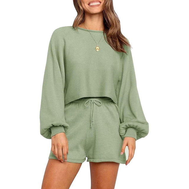 Conjunto de 2 piezas de punto para mujer: top corto con mangas abullonadas, pantalones cortos, suéter y chándal