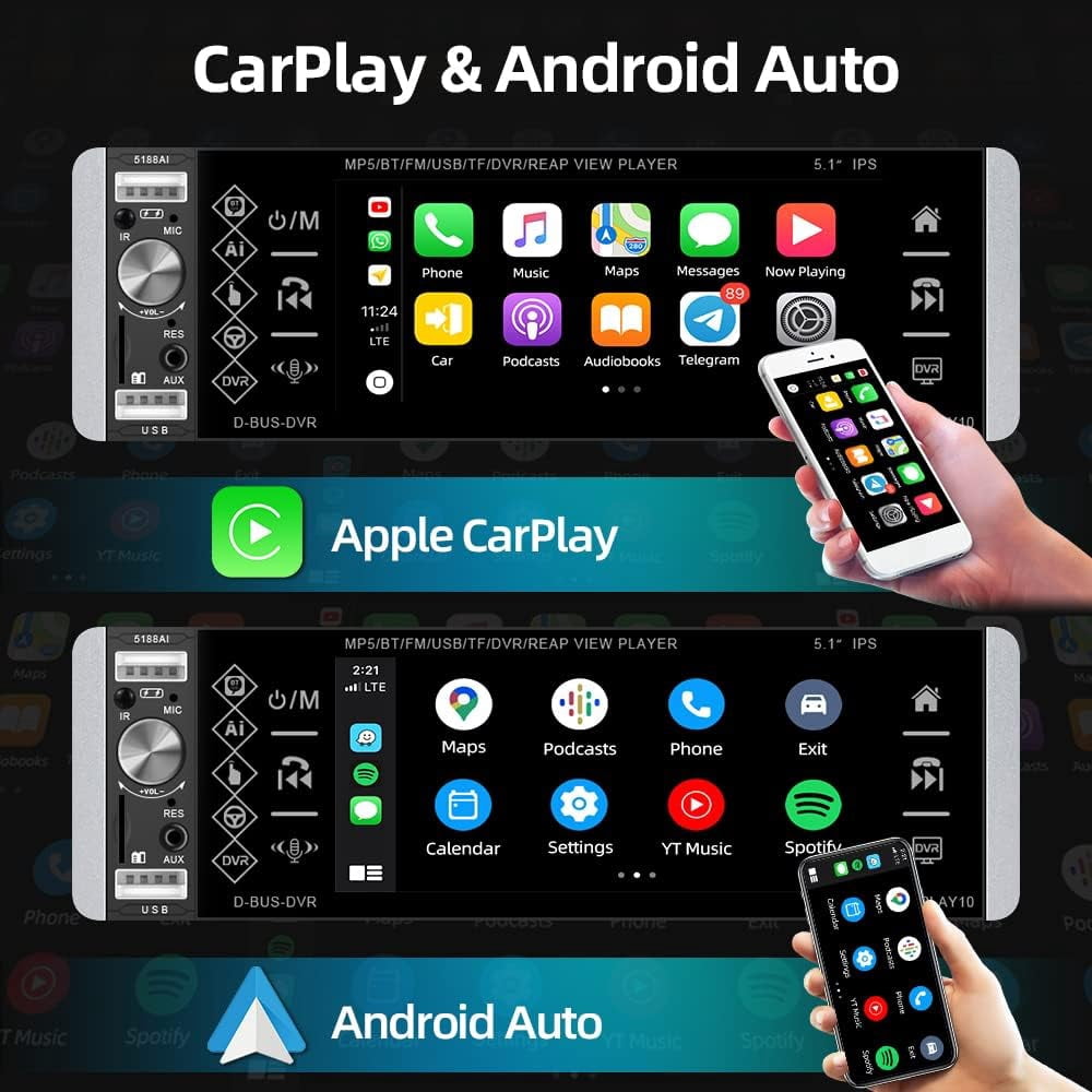 Podofo Single Din 5.1'' Car Stereo Radio Apple Carplay Android Auto Touch Screen Car Multimedia MP5 Player Bluetooth Mirror Link FM USB Charging, with Backup Camera